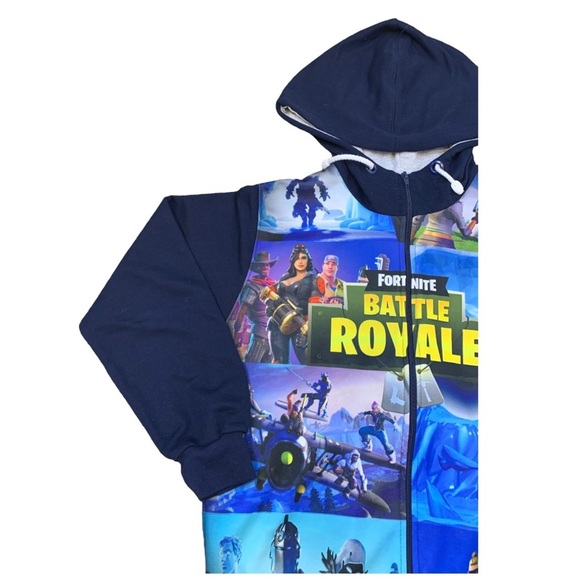 FORTNITE Battle Royale Graphic Print Zip Front Hooded Sweater Navy Blue Boys 12Y - Picture 3 of 8